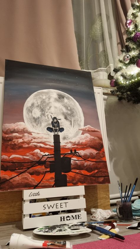 This painting took me several evenings to finish it. I love the process of creation which you can also see on my TT mel_pe_ 💫 Itachi Uchiha Acrylic Painting, Itachi Painting, Late Night Painting, Idea Of Painting, Angel Halloween, Anime Canvas Painting, Naruto Painting, Christmas Drawings, Naruto Tattoo