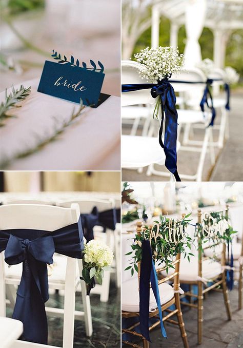 Navy Blue And Wood Wedding, Wedding Decor Dark Blue, Navy Blue Table Decor, Navy Decorations, Blue And Greenery Wedding, Navy Blue Wedding Decorations, Greenery Wedding Ideas, Midnight Blue Wedding, Back Garden Wedding