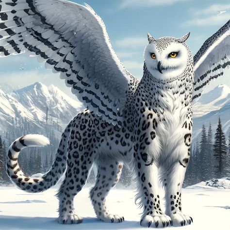 Snow Mythical Creature, Snow Creatures Fantasy Art, Winter Fantasy Creatures, Owl Griffin, Snow Leopard Pictures, Owl Dragon, Fantasy Owl, Snow Animals, Pet Monsters