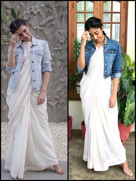 Saree With Shirt Style Blouse, White Shirt Indian Outfit, Shirt And Saree, Saree With Shirt, Classy Indian Outfits, Winter Saree Look, Mismatch Outfit Ideas, Pakistani Dresses Party, Saree Wearing Styles