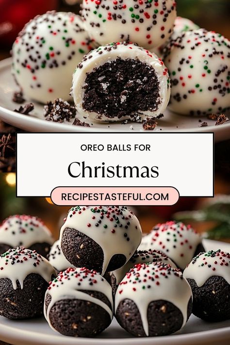 These delicious Oreo Balls are a festive treat perfect for the holiday season. Combining crushed Oreo cookies and cream cheese, these bite-sized delights are dipped in melted chocolate and decorated with colorful sprinkles, making them a delightful addition to any Christmas celebration. Christmas Desserts Oreo, Christmas Oreo Balls, Christmas Dessert Gifts, Oreo Balls Christmas, Christmas Oreos, Christmas Oreo, Christmas Chocolate Desserts, Oreo Balls Recipe, Cooking Food Recipes