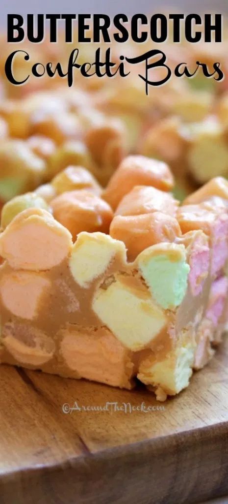 Butterscotch Peanut Butter Bars, Peanut Butter Butterscotch Bars, Confetti Bars Recipes, Peanut Butter Delight, Carmel Marshmellow Treats, Peanut Butter Confetti Squares, Butterscotch Confetti Squares, Mini Marshmallow Recipes, Butterscotch Marshmallow Bars