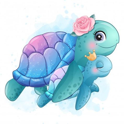 Mãe pequena tartaruga marinha e bebê ilu... | Premium Vector #Freepik #vector #flor #aquarela #bebe #carater Premium Vector, Pink, Blue