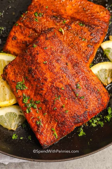 Seafood Collection - Page 3 of 6 - Spend With Pennies Blackened Salmon Recipes, Lemon Butter Salmon, Crockpot Chicken Thighs, Delicious Salmon Recipes, Salmon Marinade, Fish Salmon, Blackened Seasoning, Blackened Salmon, Butter Salmon