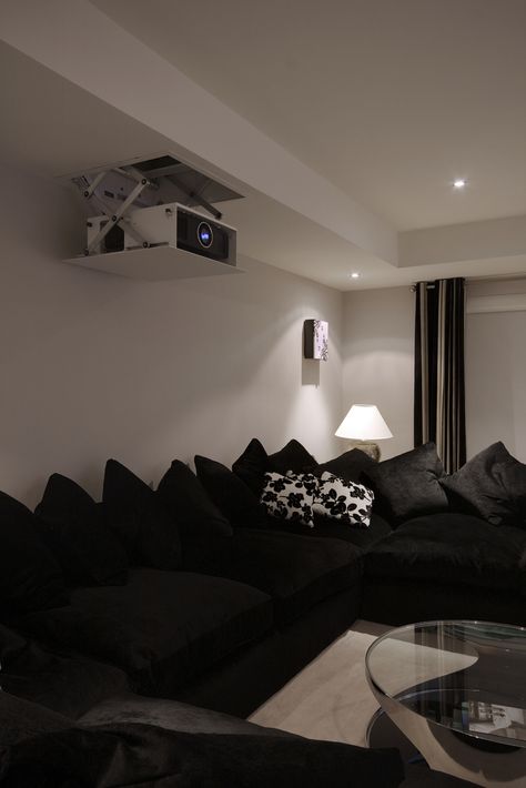 Hide Projector, Hidden Projector Screen, Professional Office Decorating Ideas, Projector Setup, Projector In Bedroom, Hidden Projector, Office Decor Professional, Home Cinema Room, Home Theater Rooms