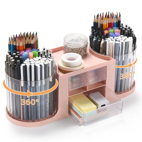 PRICES MAY VARY. 【2 Rotating Pencil Holder + 3 Drawer】Set of 10 compartments rotating pen organizer, 1 top tray, and 3 drawers, no assembly required. The 3 drawer organizer has enough storage to allow for office supplies organization, makes it easy to hold and sort pencils, pens, rulers, scissors, pencil knife, etc. Save your time searching for different pens. 【Multi-purpose Rotating Desk Organizer】Ideal desk storage for desk accessories. Good desk organizer with drawers for small desktop statio