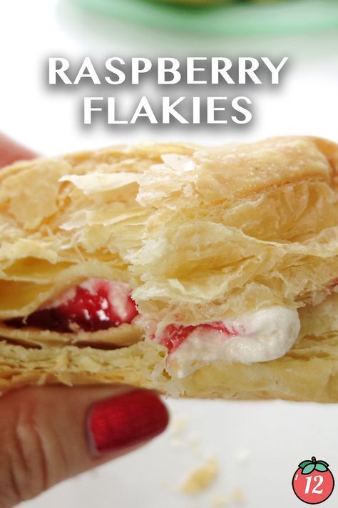 Raspberry Flakies | 12 Tomatoes Raspberry And Puff Pastry, Raspberry Puff Pastry Recipes, Raspberry Puff Pastry Desserts, Raspberry Flakes, Easy Pastries, Raspberry Cream Puff, Pastries Recipes Dessert, Pastries Recipes, Tomatoes Recipes