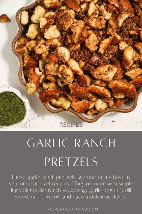 These garlic ranch pretzels are one of my favorite seasoned pretzel recipes. They're made with simple ingredients like ranch seasoning, garlic powder, dill weed, and olive oil, and have a delicious flavor. You have to make this addicting snack for your next party or as school snacks for kids! #easysnacks #garlicranch #pretzels #ranchpretzels #easyrecipes Garlic Pretzels, Ranch Seasoned Pretzels, Ranch Dill Pretzels, Dill Pretzels Recipes, Flavored Pretzel Recipes Snacks, Garlic Pretzel Recipe, Hidden Valley Ranch Pretzels Recipes, Ranch Pretzel Recipes, Garlic Ranch Pretzels