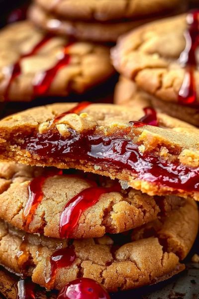 Peanut And Jelly Cookies, Jelly Stuffed Peanut Butter Cookies, Jelly Filled Peanut Butter Cookies, Peanut Butter And Jelly Stuffed Cookies, Peanut Butter Jelly Thumbprint Cookies, Peanut Butter And Jelly Cookies Recipes, Peanut Butter And Jelly Breakfast, Thick Chewy Peanut Butter Cookies, Peanut Butter Jam Cookies