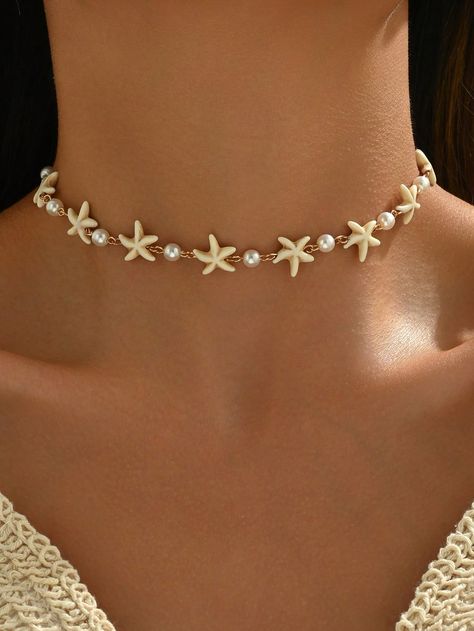 1pc Handmade White Starfish & Faux Pearl Necklace, Minimalist Ocean-Inspired Trendy Jewelry For Women, Suited For Daily, Beach, And Party Wear  Fashionable   Stone     Women Fashion Jewelry, size features are:Bust: ,Length: ,Sleeve Length: Preppy Accessories, Ocean Inspired Jewelry, Sea Jewelry, Beaded Crafts, Ocean Inspired, Necklace Minimalist, Watches Women Fashion, Faux Pearl Necklace, Ocean Inspiration