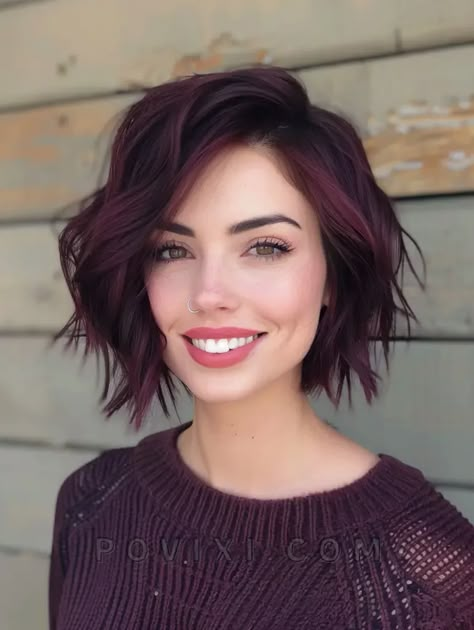 Discover 37 Trendy Fall Hair Colors for Short Hair 2024 Including Pixie and Bob Cuts Purple And Burgandy Hair, Maroon Bob Hair, Brad Mondo Berry Hair Color, Plum Hair Bob, Fall Hair Colors 2024 Short Hair, Winter Hair Color Short Bob Haircuts, Short Bob Hair Colors, Short Brunette Hair With Red Highlights, Dark Purple Bob Hair