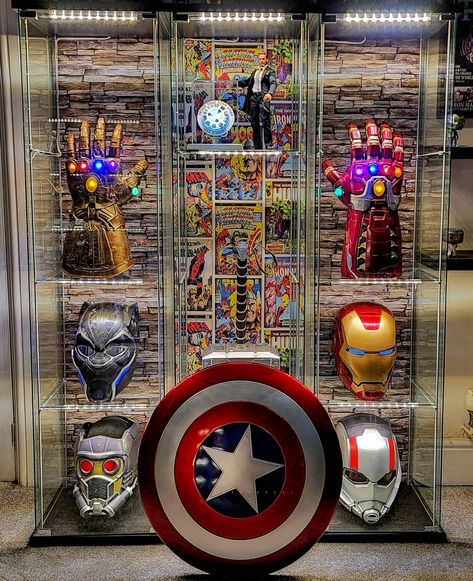 So here is the 2020 reshoot of my Marvel Prop collection  . I am so torn with these ... the look spectacular when displayed together ... but then I see how good they look in the main Mavel wall mixed in with my other bits ... maybe I need two sets ?? Haha  . For now its great to see them all together again with the  addition of the Hot Toys Arc Reactor  . . Whats your favourite?  . . #toy #toys #toysofinstagram #mancave #followme #collector #collection #toyphotography #figures #toyplanet #showca Marvel Apartment Decor, Marvel Toys Collection, Marvel Collection Display, Marvel Interior Design, Marvel Room Aesthetic, Marvel Display, Marvel Props, Marvel Room Ideas, Collectors Room Ideas