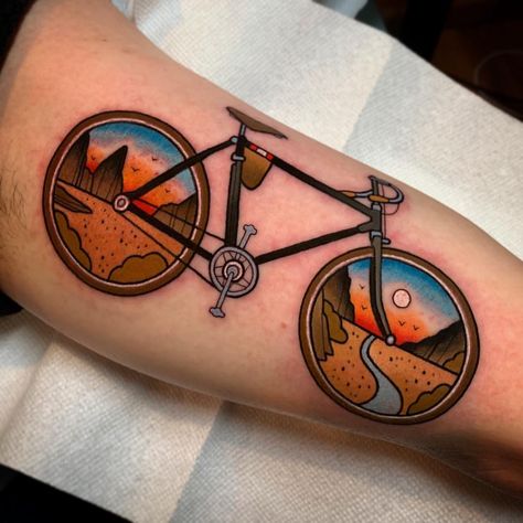 Biking Tattoo, Bright Colorful Tattoos, Stay Humble Tattoo, Humble Tattoo, Tattoo Bike, Cycling Tattoo, Mountain Bike Tattoo, Bike Tattoo, Trad Tattoos