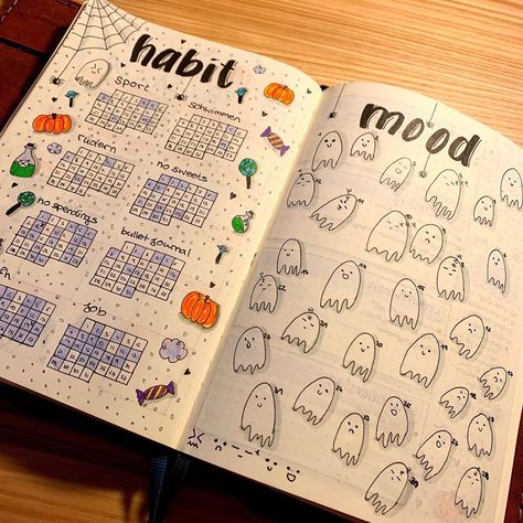 Myli on Instagram: “Last but not least, octobers habit and mood trackers 🎃 I love how the little ghosts turned out 🥰 seems like I‘ve been a little sleepy last…” Bujo October Sleep Tracker, October Tracker Bullet Journal, October Bujo Habit Tracker, Ghost Mood Tracker, Habit Tracker Halloween, October Mood Tracker Printable, Halloween Habit Tracker, October Sleep Tracker, Ghost Bullet Journal