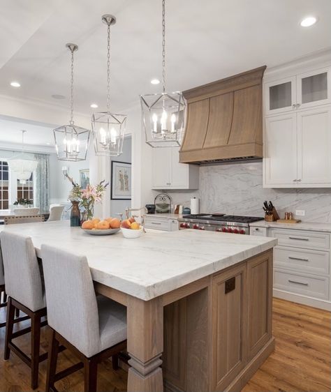 Taupe Kitchen Island White Cabinets, White Perimeter Cabinets Wood Island, White Kitchen With Wood Hood, Kitchen Vent Hood Ideas Wood, White Cabinets Wood Island, White Kitchen Wood Island, Solid Slab Backsplash, Decorating Kitchen Island, Kitchen Cabinets Light Wood