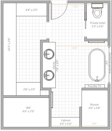 9 x 19 master bath layout poll Master Bath With Closet Layout, Small Master Bath Layout, Master Bath And Closet Layout, Master Bath Layout Floor Plans, Jack And Jill Bathroom Ideas Layout, Bathroom Layout Ideas Floor Plans, Master Bath Floor Plan, Master Suite Layout, Bathroom Floorplan