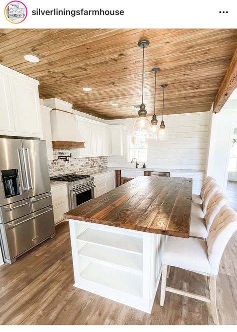 Wood Ceilings In Kitchen, Wood Walls White Ceiling, 8 Foot Ceiling Kitchen, Wood Ceiling Kitchen, Kitchen Ceiling Ideas, White Painted Cabinets, White Kitchen Rustic, Lodge Kitchen, White Kitchen Cupboards