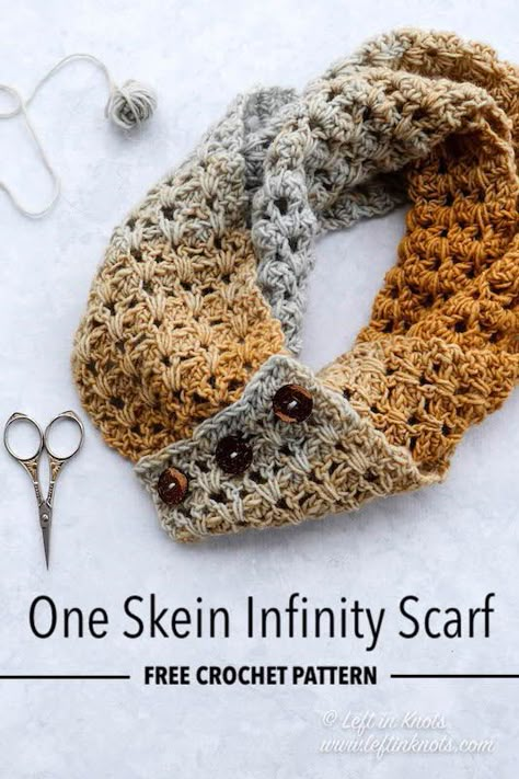 One Skein Infinity Scarf Crochet, Crochet Scarf With Buttons, Button Scarf Crochet, Infinity Scarf Crochet Free Pattern One Skein, Lacy Infinity Scarf Crochet Pattern Free, Free Crochet Patterns For Bulky Yarn, Crochet Scarfie Yarn Patterns, Multicolor Crochet Scarf Pattern, 1 Skein Scarf Crochet Pattern