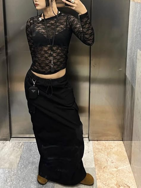 Sheer Shirt Outfits Aesthetic, Lace Top Layered Outfit, Black Lace Skirt Outfit Ideas, Black Transparent Top Outfit, Sheer Black Top Outfit, Lace Top Outfit Aesthetic, Transparent Top Outfit, Black Lace Skirt Outfit, Lace Top Outfit