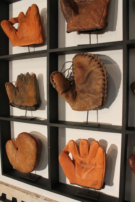 Baseball Glove Display, Baseball Basement, Vintage Baseball Room, Glove Display, Vintage Sports Decor, Baseball Theme Room, Baseball Man Cave, Baseball Bedroom, Baseball Nursery