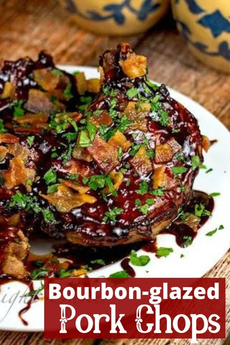 Fancy Family Dinner, Pork Chops Easy, Glazed Pork Chops Recipes, Family Dinner Recipe, Low Carb Pork, Pork Recipes For Dinner, Bourbon Glaze, Easy Family Dinner, Glazed Pork Chops