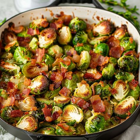 Easy Brussels Sprouts and Bacon - Krystel's Cooking Sautéed Brussels Sprouts, Sausage And Green Beans, Brussels Sprouts And Bacon, Sprouts And Bacon, Easy Bacon Recipes, Sauteed Brussel Sprouts, Quick Side Dishes, Bacon Brussel Sprouts, Roasted Vegetable Recipes