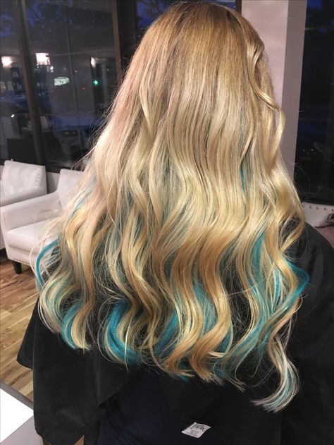 Teal babe 18in extensions @lesliemontanohair Aquamarine Hair Aesthetic, Aqua Hair Color Highlights, Blonde Hair With Teal Underneath, Blonde Teal Hair, Blue Hair With Blonde Highlights, Blue Balayage Blonde, Dirty Blonde Hair With Blue Highlights, Teal And Blonde Hair, Blue Streaks In Blonde Hair