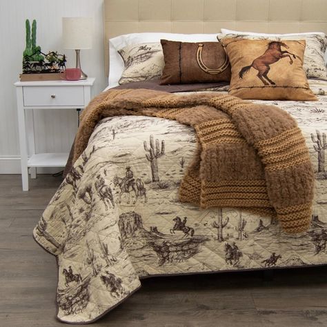 Experience the thrill of the Wild West with our Desert Landscape Western Bedding. This quilt set brings the rugged spirit of the frontier into your bedroom, with a captivating whole cloth design featuring sketched cowboys, horses, and cacti against a desert landscape backdrop. Transform your sleeping space into a Western oasis with the Desert Landscape Western Quilt Set. Experience the essence of the Wild West with this western-inspired quilt set. The hand-drawn cowboy, horse, and cactus designs will transport you to the frontier, inspiring you to discover the rugged beauty of the desert. Let this bedding collection serve as a constant reminder of the untamed splendor of the American Southwest. With a color palette of rich chestnut brown and soft cream, this rustic quilt set evokes the war Western Boho Bedding, Western Themed Bedroom, Cactus Bedroom, Aztec Bedding, Horse Themed Bedrooms, Western Quilts, Rustic Quilts, Western Bedding, Western Bedroom Decor