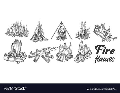 Campfire Drawing, Fire Sketch, Camping Tattoo, Fountain Pen Drawing, Fire Drawing, Monochrome Illustration, Cooking Soup, Fire Tattoo, Wood Burning Art