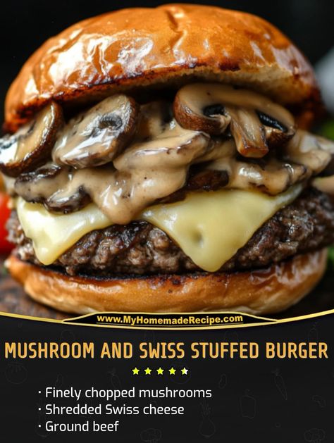 Mushroom Burger Recipes, Mushroom And Swiss, Burger Ingredients, Grilled Burger Recipes, Stuffed Burger, Mushroom Burgers, Recipe Mushroom, Burger Bites, Burger Recipes Beef