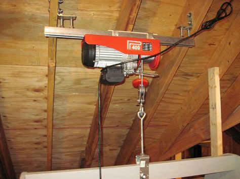 Attic Lift Hoist | Hoist automatically shuts off if the lift… | Flickr Diy Attic Ladder, Attic Elevator, Garage Attic Lift, Garage Hoist, Attic Lift, Attic Organization, Garage Attic, Garage Lift, Attic Ladder