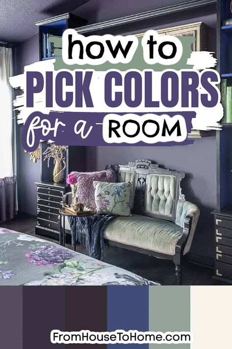 How To Pick Colors For A Room Dark Living Room Color Palette, Purple Guest Bedroom Ideas, Purple Bedroom Paint Colors, Bedroom Dark Purple, Dark Purple Bedroom Walls, Purple Wall Bedroom, Grey Purple Paint, Dark Purple Walls, Bedroom Purple