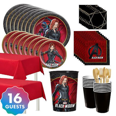 Marvel Represent, Party City’s website has Black Widow party... Black Widow Party, Marvel Birthday Party, Favor Cups, Girls Birthday Party Themes, Paper Lunch, Plastic Table Covers, Black Widow Marvel, Kids Party Supplies, Party Stores