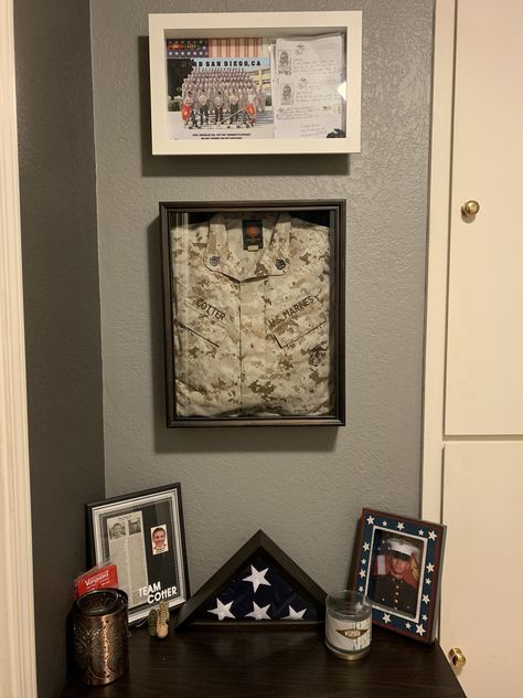 Display box with my brothers USMC “combat utility uniform” as well as a shadow box with all of his letters he wrote from Boot camp, the EGA he earned after the crucible and his platoon photo.  #ShadowBox #MilitaryDisplayBox #usmc #DIY Army Uniform Shadow Box Ideas, Memorial Shadow Box Ideas, Marine Corps Shadow Box Ideas, Cavalry Scout, Us Navy Shadow Box Ideas, Happy Birthday Marines, Military Uniform Shadow Box Ideas, The Crucible, American Flag Decor