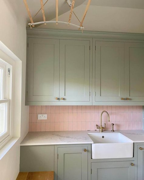 Pale Green Cabinets With Pink Tile Backsplash - Soul & Lane Pink Backsplash Kitchen Green Cabinets, Sage Green Pink Kitchen, Pink Backsplash Kitchen, Pink Kitchen Tiles, Pink Tile Backsplash, Vertical Tile Backsplash, Green Pink Kitchen, Pink Backsplash, Pink And Green Kitchen