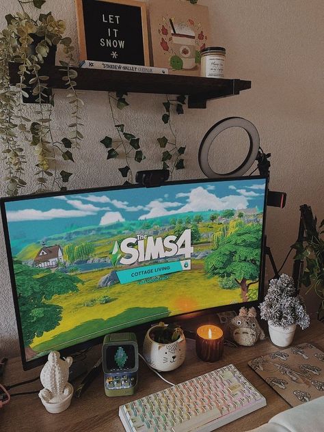 Sims 4 Cottage Living, Sims 4 Cottage, Cozy Desk, Cozy Gaming, Gamer Room Decor, Bedroom Setup, Gaming Room Setup, Gamer Room, Pc Setup