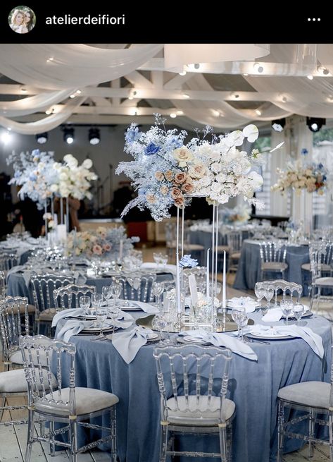 Shades Of Blue Wedding Reception, Light Blue Quince Decor, Acrylic Wedding Centerpieces, Dusty Blue Decorations, 50 Shades Of Blue Wedding Ideas, Light Blue Xv Decorations, Light Blue Quinceanera Table Decorations, Blue Reception Dress, Dusty Blue Decor