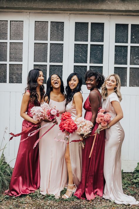 Blush pink and raspberry bridesmaid dresses, Pink bridesmaid dresses, Bridesmaid photo ideas, slip bridesmaid dress, Raspberry Bridesmaid Dresses, Simple Bridesmaid Dress, Magenta Wedding, Red Wedding Flowers, Bridal Party Outfit, Mismatched Bridesmaids, Pink Color Schemes, Mismatched Bridesmaid Dresses, Red Bridesmaids