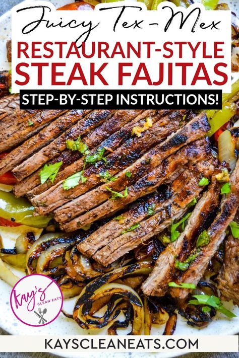 If you're craving a delicious and flavorful Tex-Mex dish, look no further than Steak Fajitas. This restaurant staple is a crowd-pleaser, with juicy grilled meat, charred peppers and onions, and warm tortillas to wrap it all up in. The combination of smoky, savory, and slightly sweet flavors make this dish SOO SOO GOOD! | @kayscleaneats #easycincodemayorecipes #beststeakfajitas #restaurantstylefajitas #texmexfajitas Restaurant Style Steak, Charred Peppers, Beef Fajita Recipe, Steak Fajitas Recipe, Fresh Corn Salsa, Steak Fajita Recipe, Fajitas Recipe, Clean Eating For Beginners, Fajita Recipe