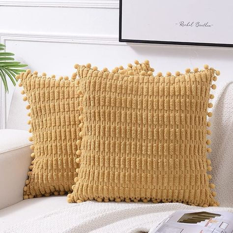 These pillow covers have a unique striped pattern and tightly combined pom pom fringe on each side. #Affiliate Fall Couch, Living Room Farmhouse, Bed Living Room, Farmhouse Boho, Boho Cushions, Garden Pillows, Accent Throw Pillows, 20x20 Pillow Covers, Boho Home Decor