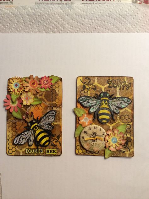 Bee Atc Cards, Mushroom Ephemera, Cards With Bees, Bee Junk Journal, Bee Things, Bee Flowers, Altered Playing Cards, Themed Journal, Art Trading Cards