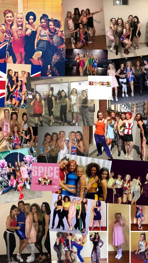 A collage of girl groups dressed as the Spice Girls, featuring individual costumes for each iconic character: Sporty, Scary, Baby, Ginger, and Posh Spice, showing creative group costume ideas for Halloween. Sporty Spice Costume, Spice Girls Costume, Squad Costumes, Girl Group Costume, 90s Costume, Iconic Looks, Girls Group, Group Costumes, Spice Girls