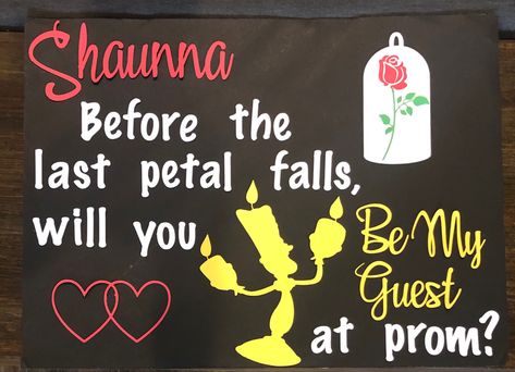 Hoco Proposals Ideas Beauty And The Beast, Disney Themed Hoco Proposals, Beauty And The Beast Hoco Proposals, Disney Hoco Posters, Disney Promposal Ideas, Beauty And The Beast Promposal, Beauty And The Beast Homecoming, Beauty And The Beast Parking Spot, Princess And The Frog Hoco Proposal