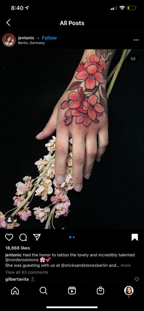 Cherry Blossom Hand Tattoo, Sakura Tattoo, Cherry Blossom Branch, Tattoo Graphic, Sakura Flower, Body Modification, Hand Tattoo, Design Drawings, Tattoo Design Drawings