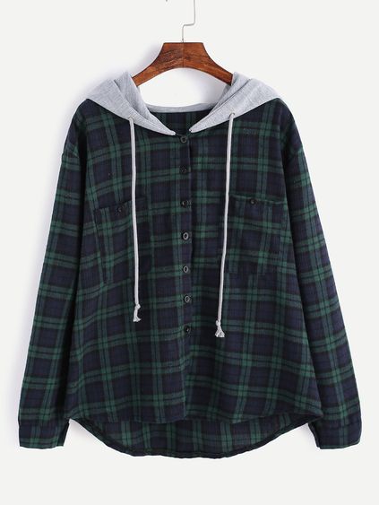 Plaid Button Pocket Sweatshirt With Contrast Hood Raglan Sleeve Sweatshirt, Plaid Hoodie, Mode Chanel, Drawstring Hoodie, Plus Size Blouses, Teen Fashion, Sleeve Sweater, Look Fashion, Long Sleeve Hoodie