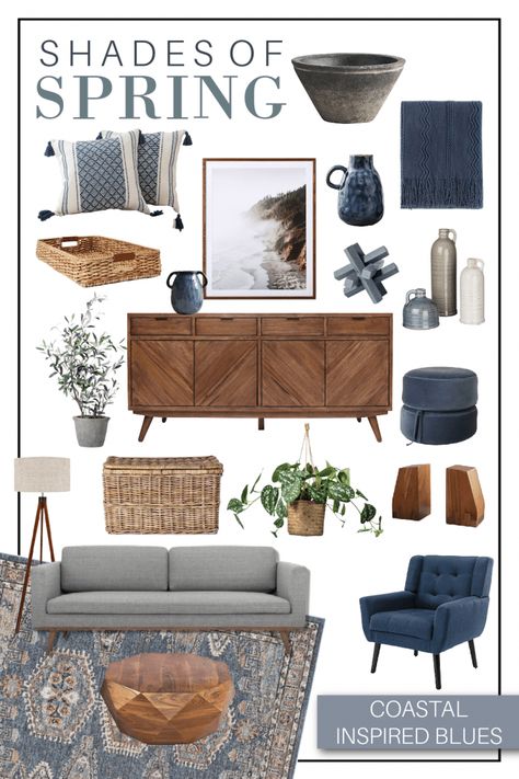 Home Interior Design Wallpaper, Blue Living Room Ideas Home Decor, Organic Modern With Pops Of Color, Living Room Decor Blue And Gray, Navy And Terracotta Living Rooms, Mixed Wood Living Room, Navy Office Decor, Blue Boho Living Room, Industrial Modern Decor