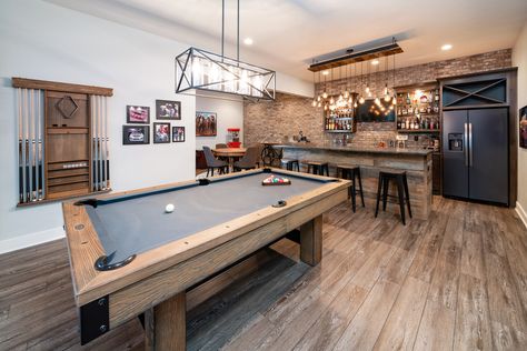 Clegg 2020 - Transitional - Family Room - Louisville - by Set The Stage | Houzz Basement Pool Table Room, Basement Pool Table, Pool Room Ideas, Transitional Basement, Building A Home Bar, Transitional Family Room, Small Game Rooms, Pool Table Room, Adams Homes