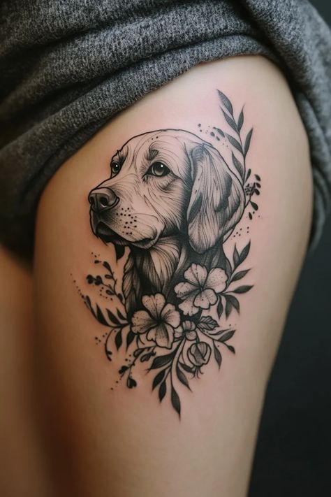 Labrador Tattoo Ideas Black Labrador Tattoo Ideas, Portrait Dog Tattoo, Realistic Dog Portrait Tattoo, Labrador Dog Tattoo, Labrador Tattoos, Dog Print Tattoo Ideas, Labrador Tattoo Ideas, Pet Tattoos Dog, Labrador Retriever Tattoo