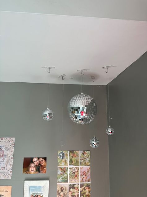 Mirrorball | disco | decor | college Disco Balls From Ceiling, How To Hang Disco Ball From Ceiling, Mirrorball In Bedroom, Mirror Ball Room Decor, Disco Balls In Room, Mirrorball Room Decor, Bedroom Disco Ball, Hanging Disco Ball Decor, Disco Ball In Room