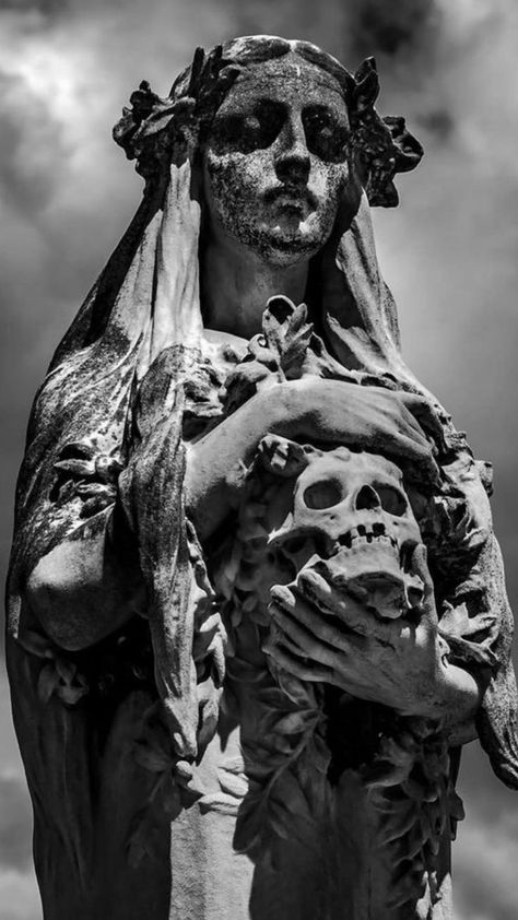 Fantasy Statue, The Dutchess, Gothic Statue, Cemetery Statues, Skull Statue, Statue Tattoo, Cemetery Art, Gothic Aesthetic, Dark Art Illustrations